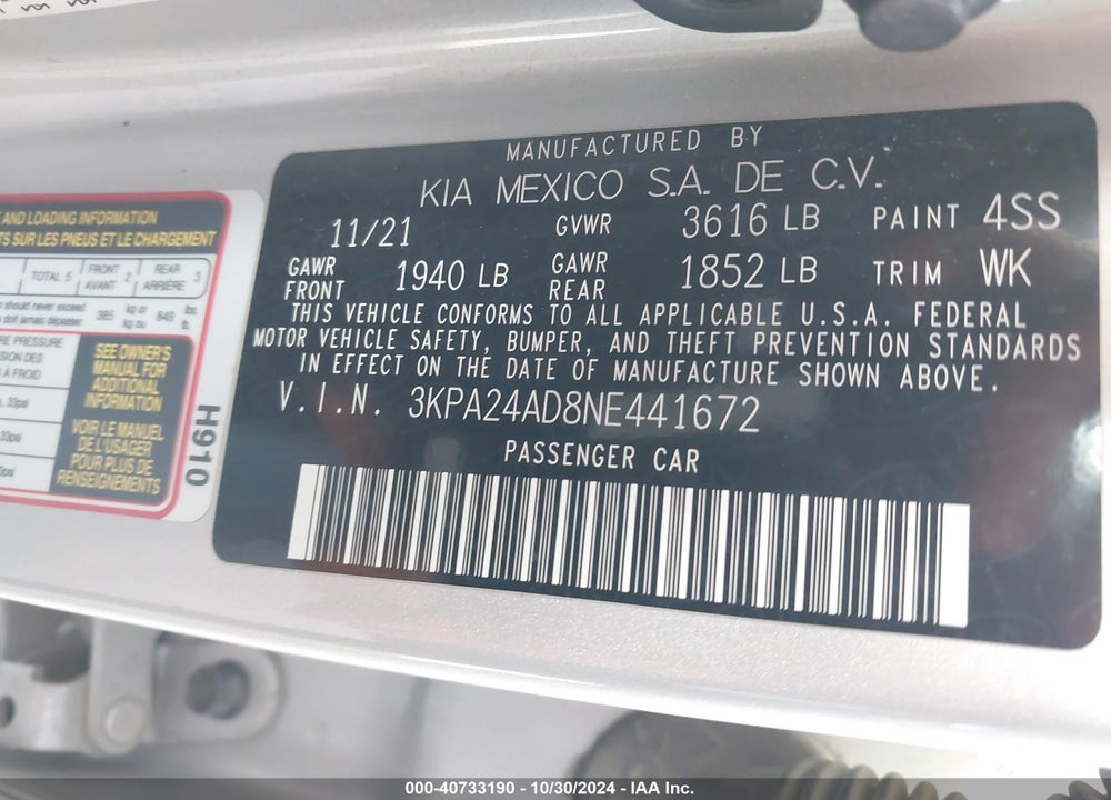 2022 KIA RIO S VIN: 3KPA24AD8NE441672
