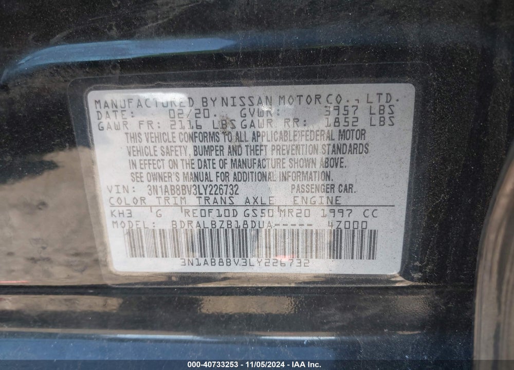 2020 NISSAN SENTRA S XTRONIC CVT VIN: 3N1AB8BV3LY226732