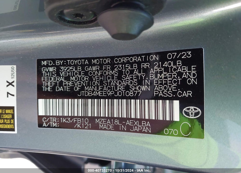 2023 TOYOTA COROLLA LE VIN: JTDB4MEE9PJ010877