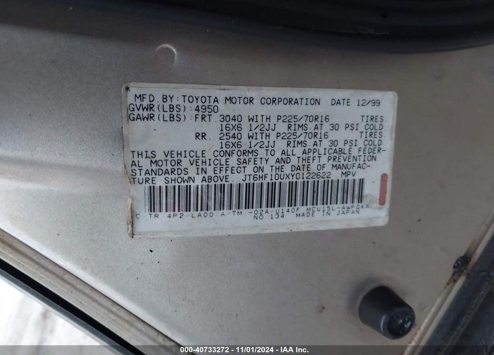 2000 LEXUS RX 300 VIN: JT6HF10UXY0122622