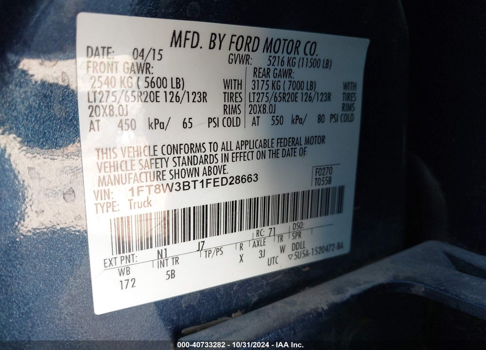 2015 FORD F-350 LARIAT VIN: 1FT8W3BT1FED28663