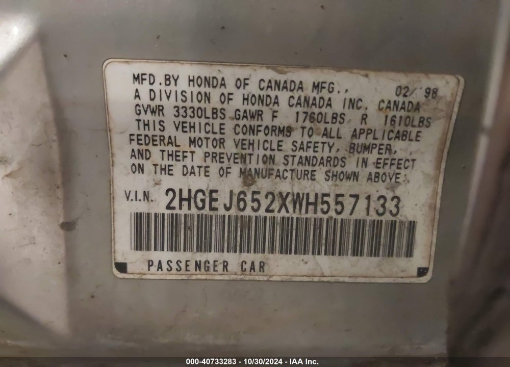 1998 HONDA CIVIC DX VIN: 2HGEJ652XWH557133