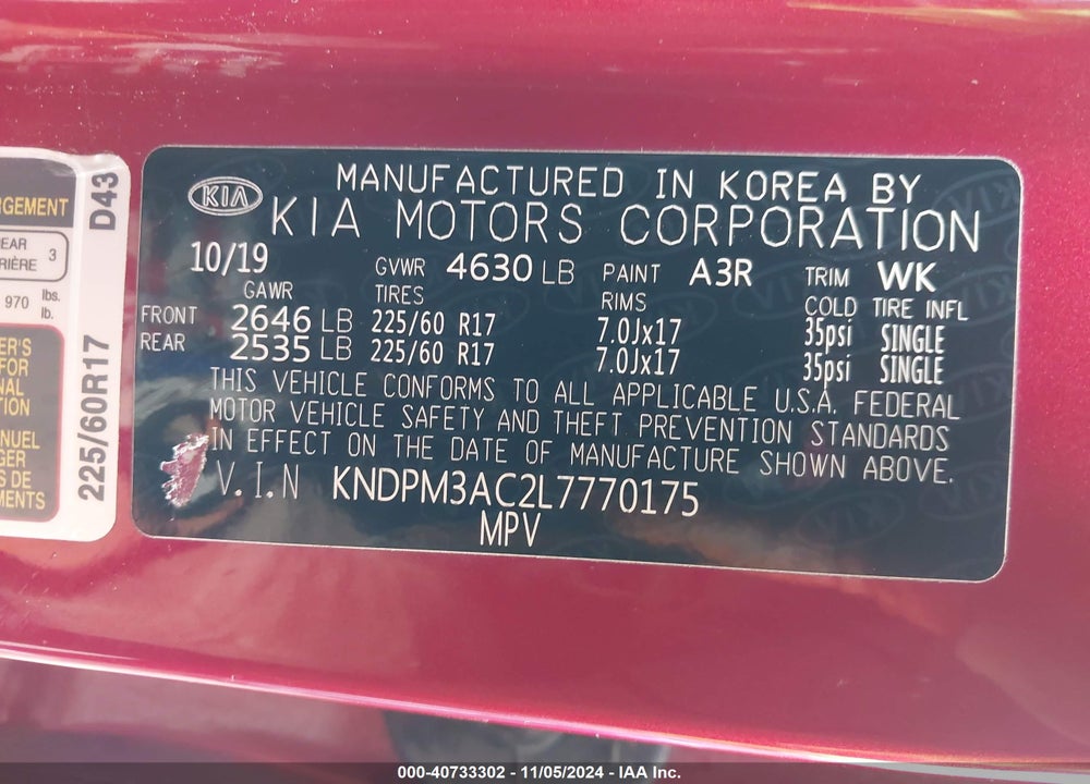 2020 KIA SPORTAGE LX VIN: KNDPM3AC2L7770175