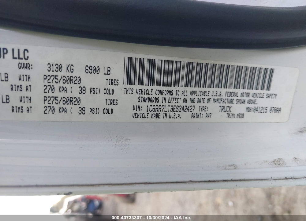 2014 RAM 1500 BIG HORN VIN: 1C6RR7LT3ES342427