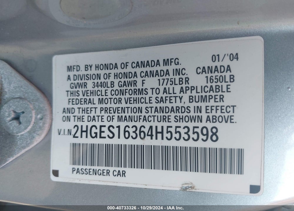 2004 HONDA CIVIC VP VIN: 2HGES16364H553598