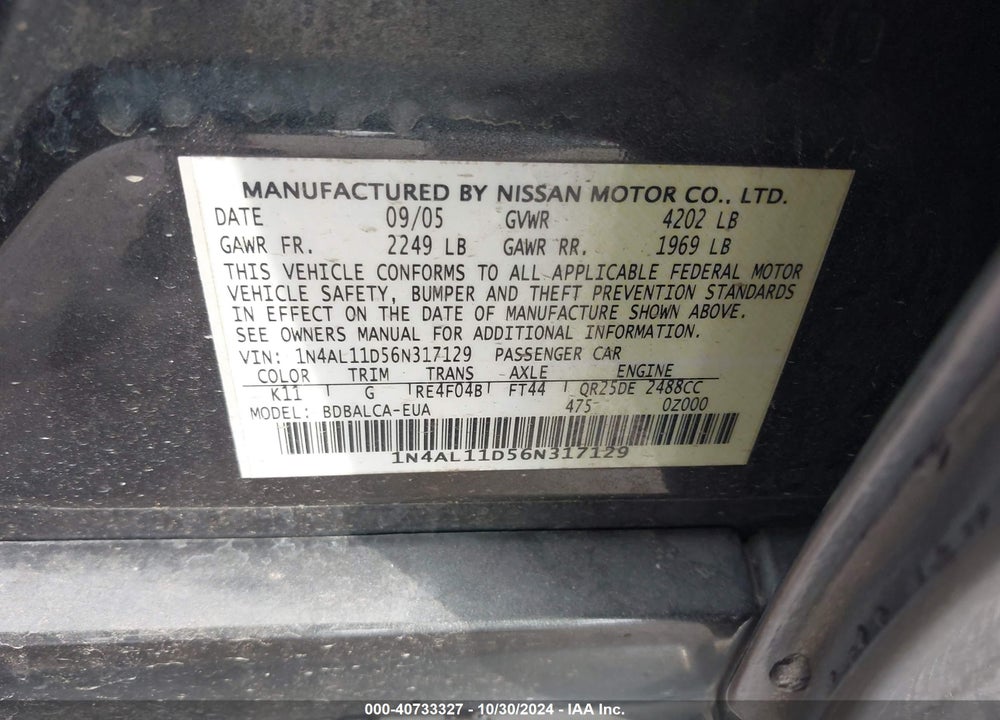 2006 NISSAN ALTIMA 2.5 S VIN: 1N4AL11D56N317129