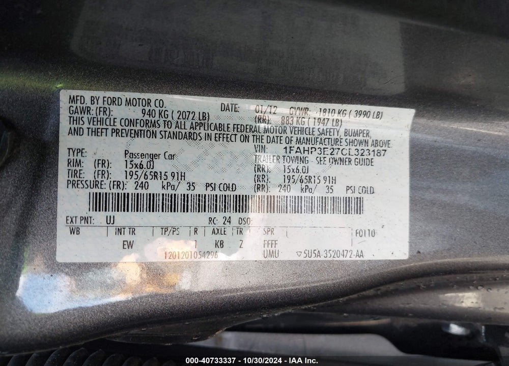2012 FORD FOCUS S VIN: 1FAHP3E27CL323187