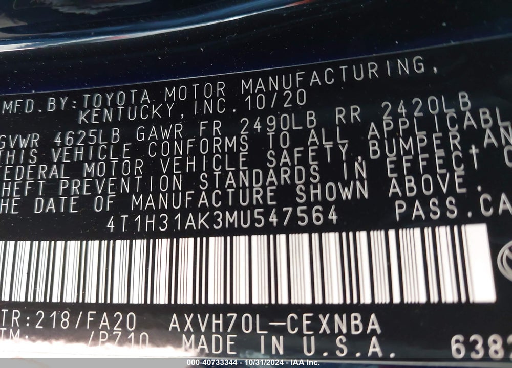 2021 TOYOTA CAMRY LE HYBRID VIN: 4T1H31AK3MU547564