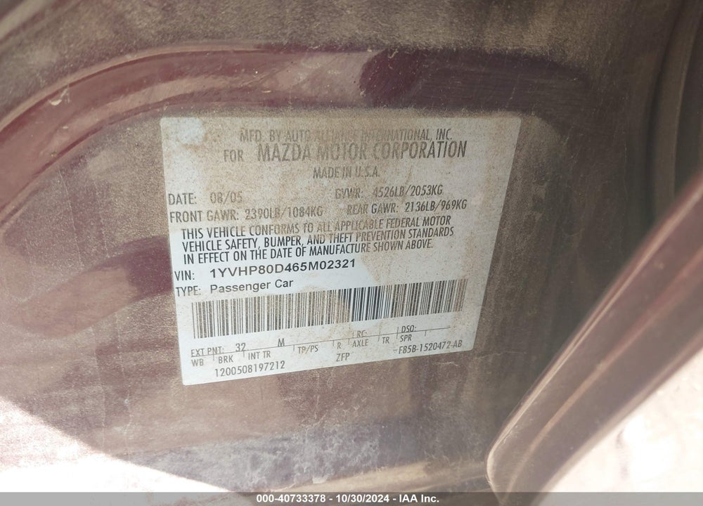 2006 MAZDA 6 S VIN: 1YVHP80D465M02321