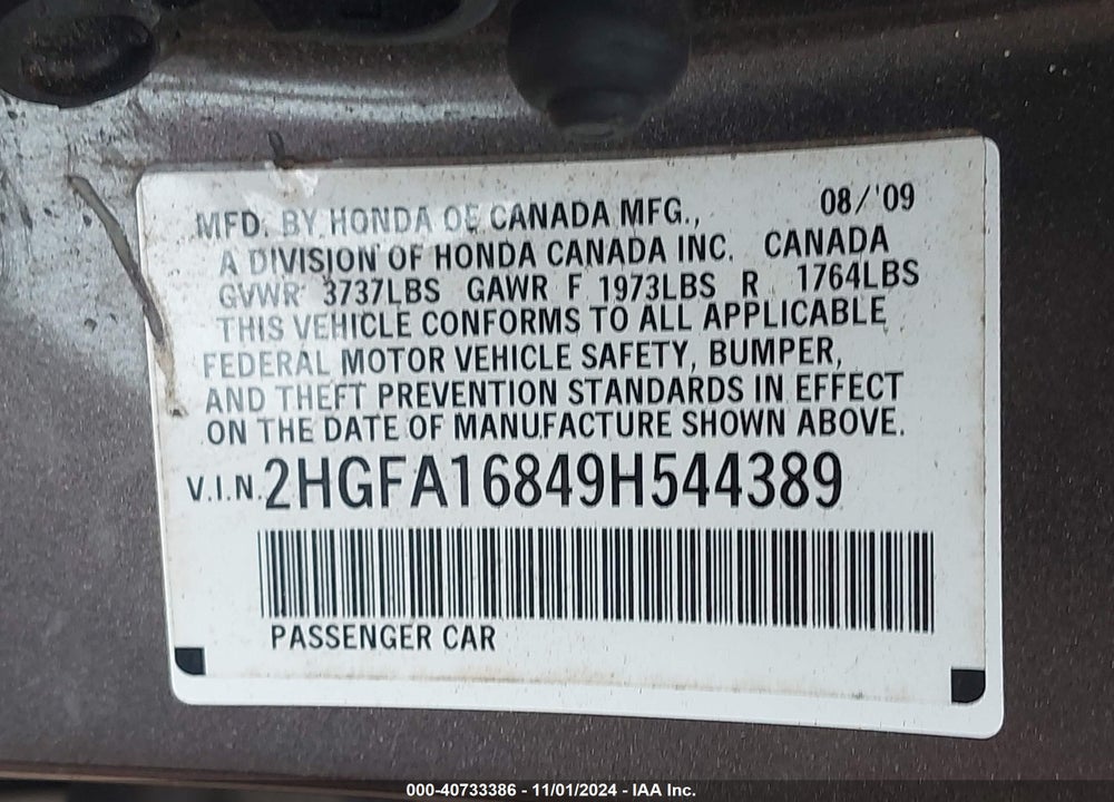 2009 HONDA CIVIC EX VIN: 2HGFA16849H544389