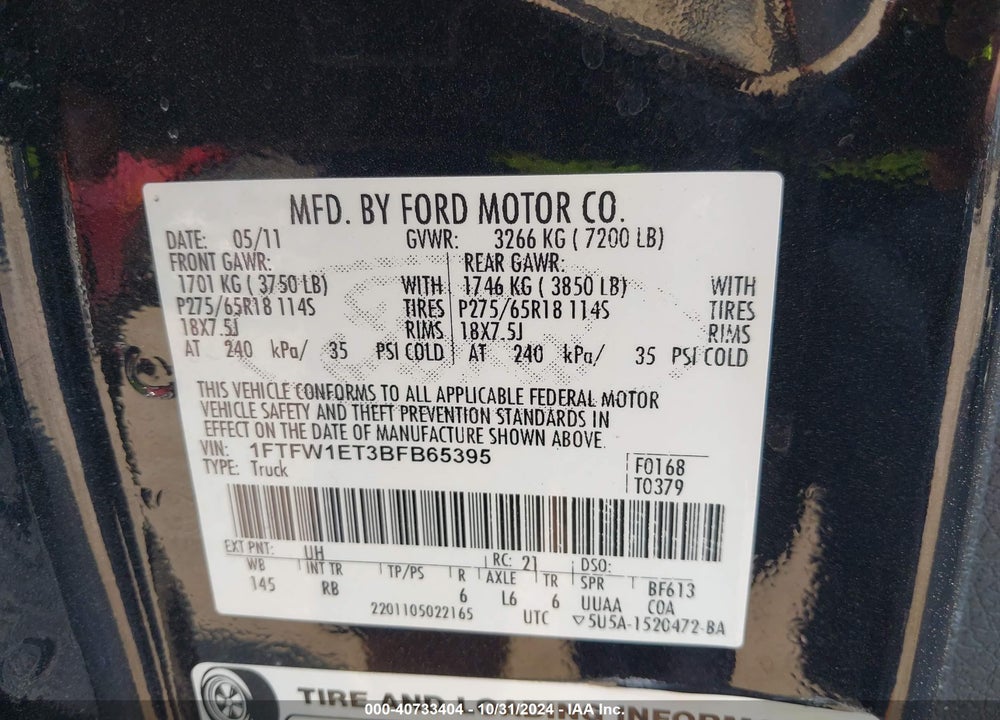2011 FORD F-150 FX4 VIN: 1FTFW1ET3BFB65395