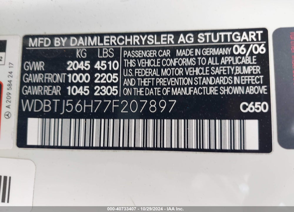 2007 MERCEDES-BENZ CLK 350 VIN: WDBTJ56H77F207897