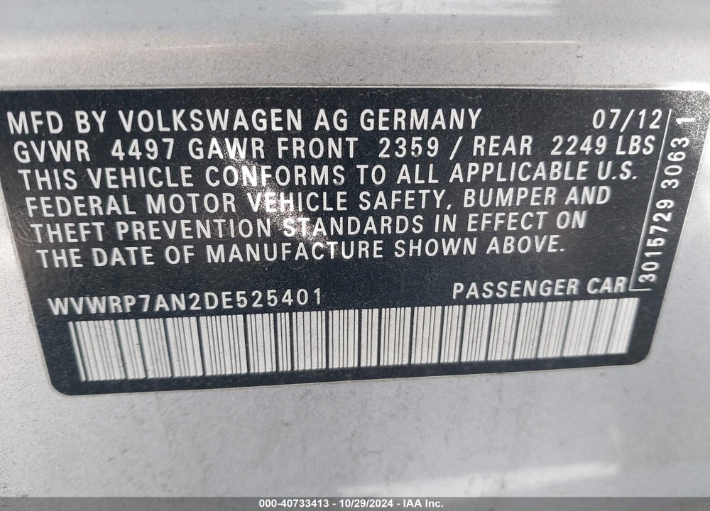 2013 VOLKSWAGEN CC LUX VIN: WVWRP7AN2DE525401