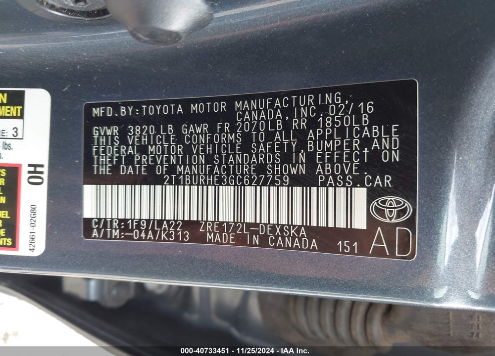 2016 TOYOTA COROLLA VIN: 2T1BURHE3GC627759