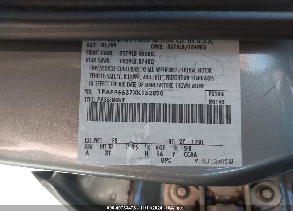 1999 FORD CONTOUR SE VIN: 1FAFP6637XK152890