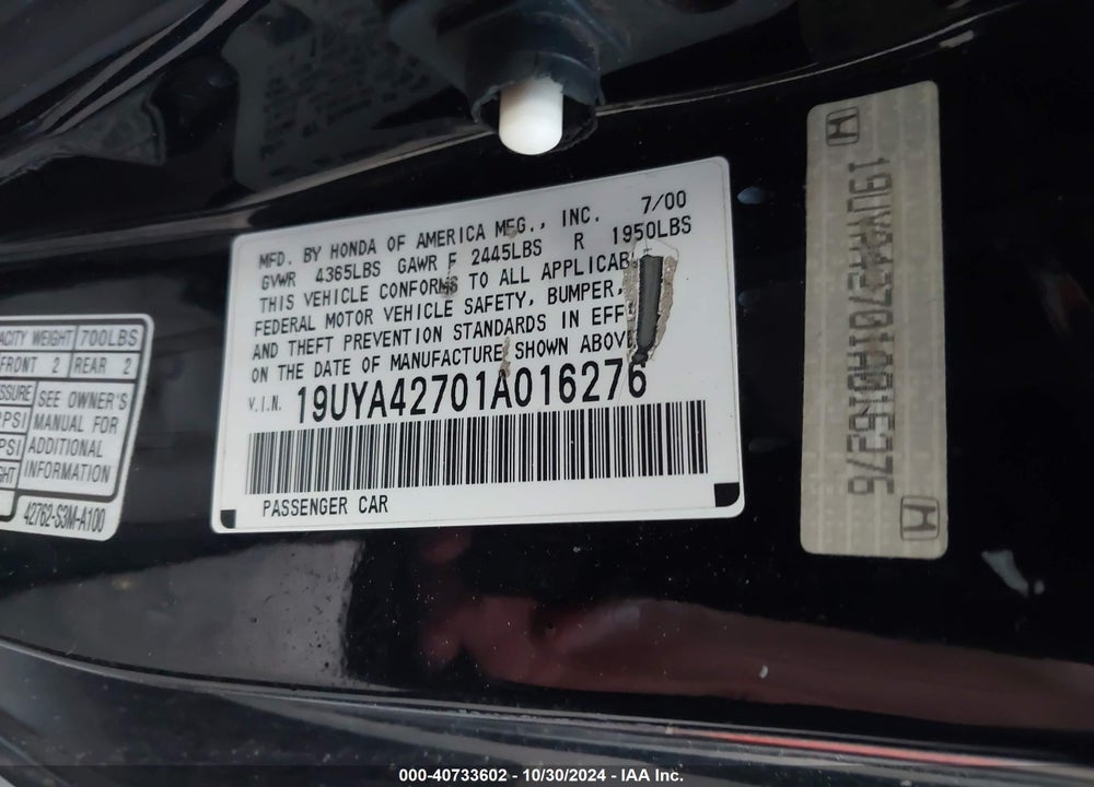 2001 ACURA CL 3.2 TYPE S VIN: 19UYA42701A016276