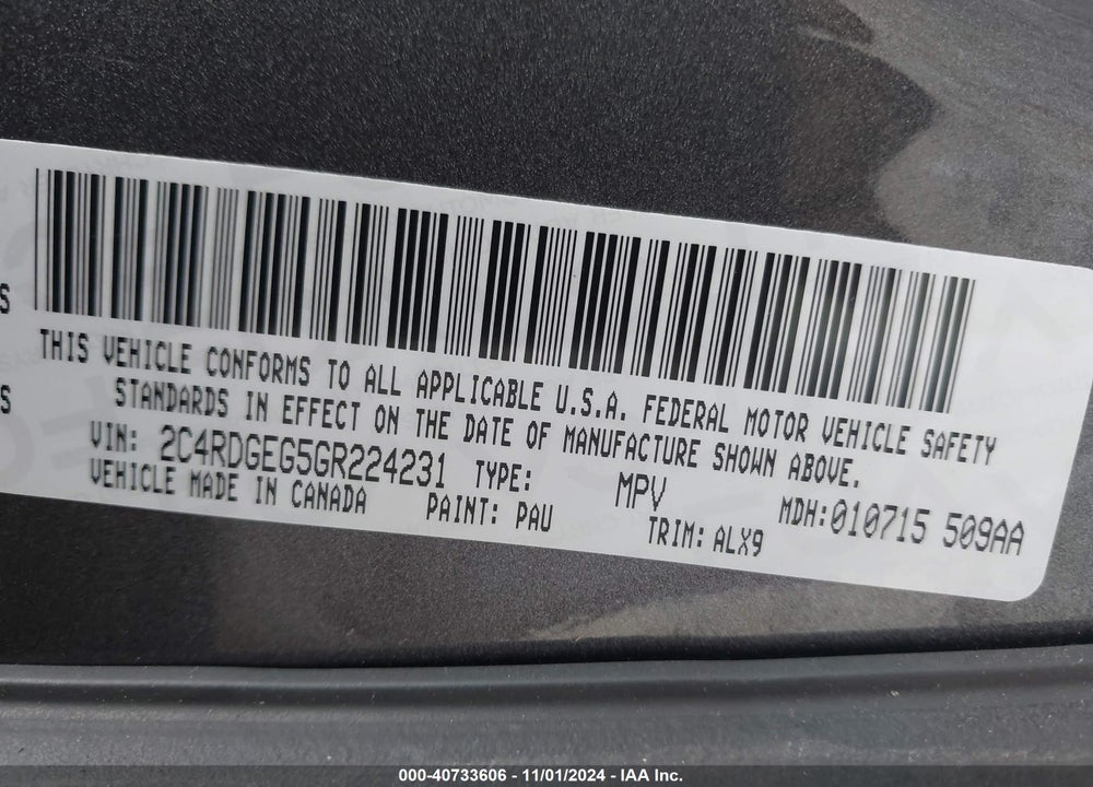 2016 DODGE GRAND CARAVAN R/T VIN: 2C4RDGEG5GR224231