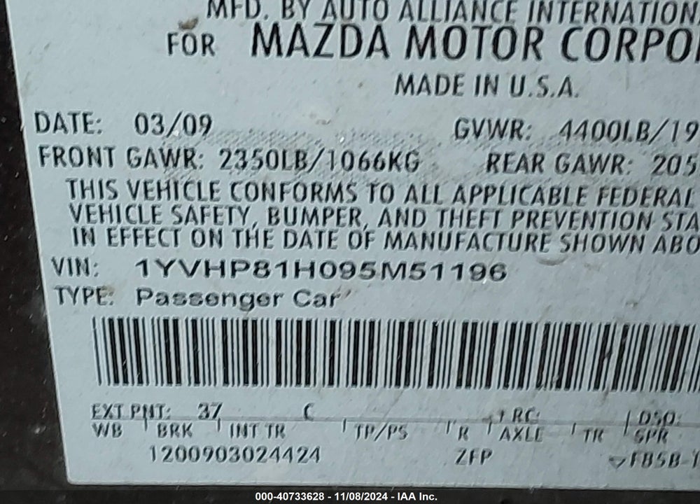2009 MAZDA 6 I SPORT VIN: 1YVHP81H095M51196