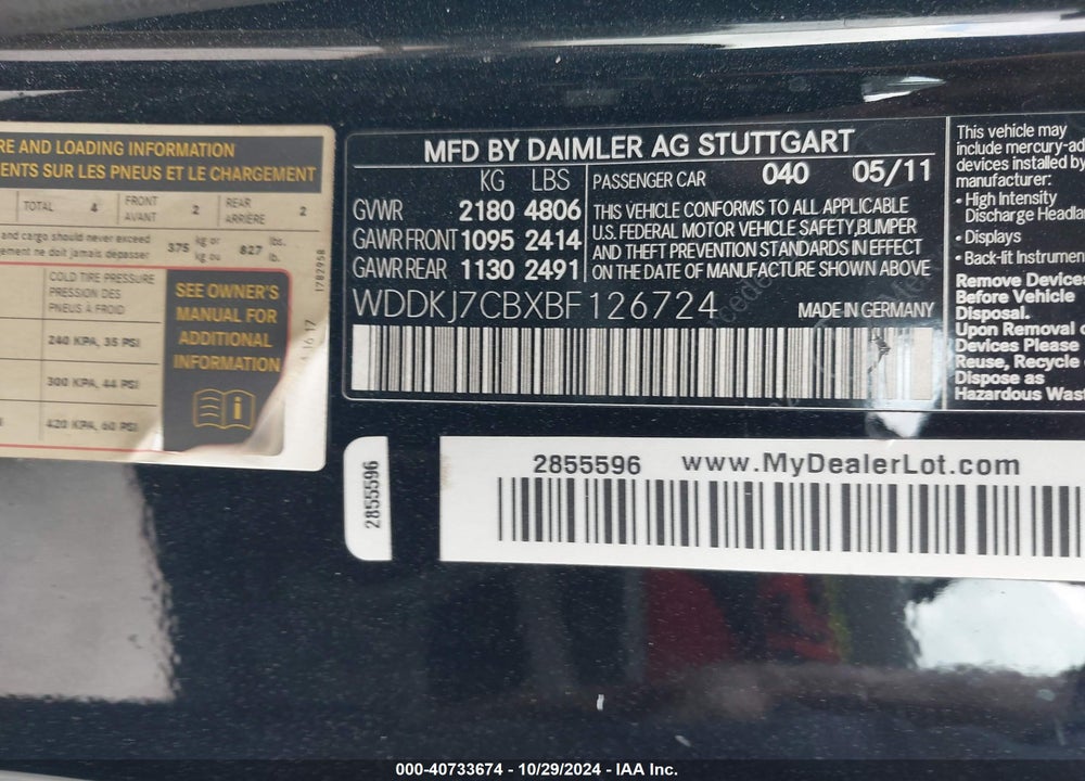 2011 MERCEDES-BENZ E 550 VIN: WDDKJ7CBXBF126724