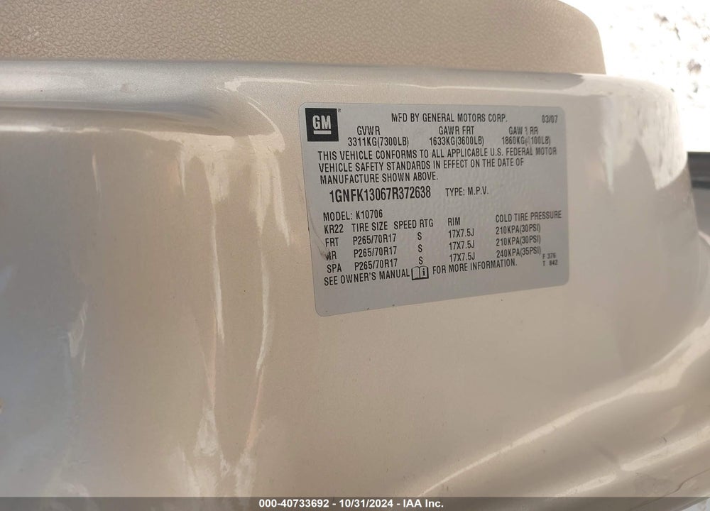 2007 CHEVROLET TAHOE VIN: 1GNFK13067R372638