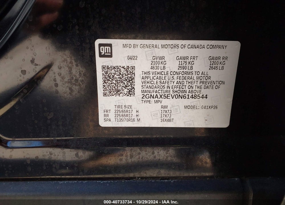 2022 CHEVROLET EQUINOX AWD 1FL VIN: 2GNAX5EV0N6148544