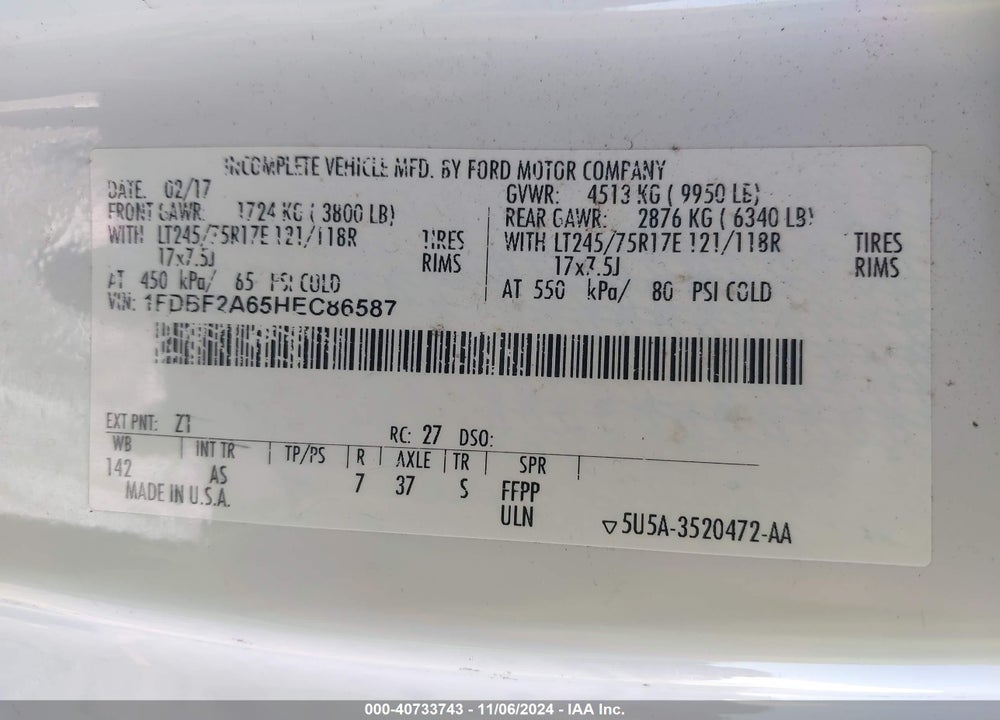 2017 FORD F-250 XL VIN: 1FDBF2A65HEC86587