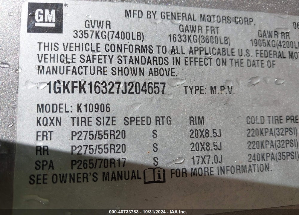 2007 GMC YUKON XL 1500 SLT VIN: 1GKFK16327J204657