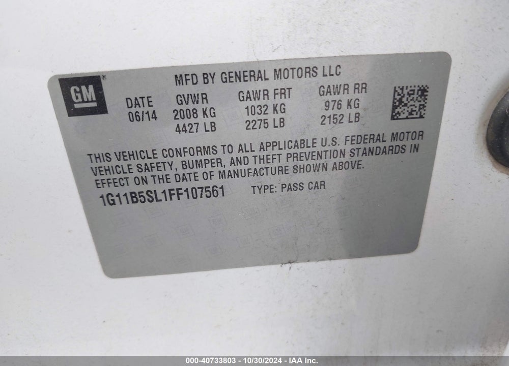 2015 CHEVROLET MALIBU LS VIN: 1G11B5SL1FF107561