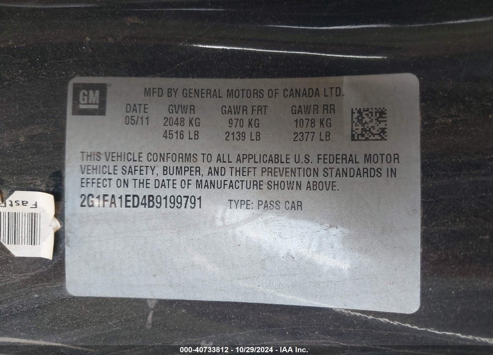 2011 CHEVROLET CAMARO 2LS VIN: 2G1FA1ED4B9199791