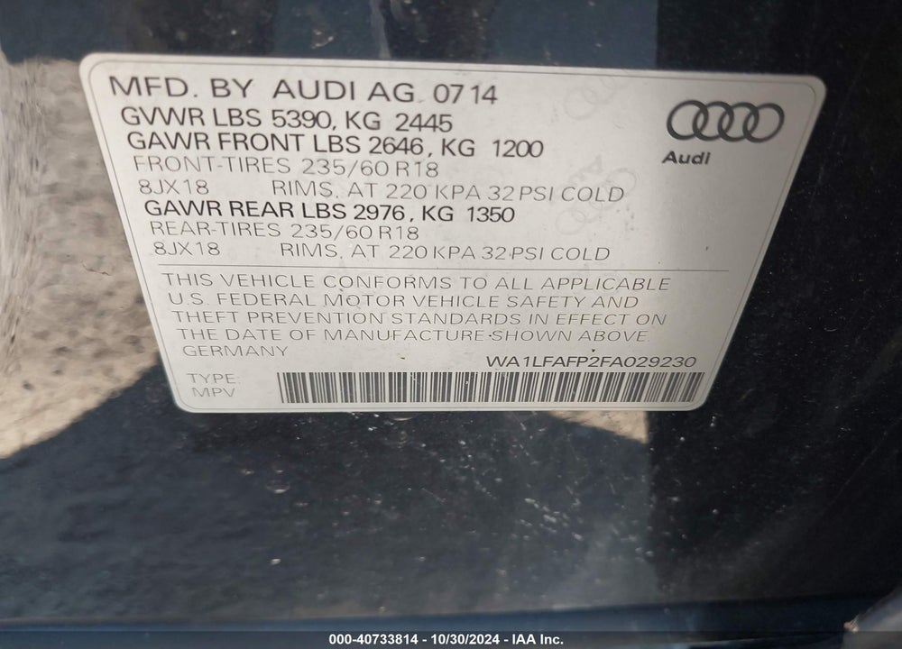 2015 AUDI Q5 2.0T PREMIUM VIN: WA1LFAFP2FA029230