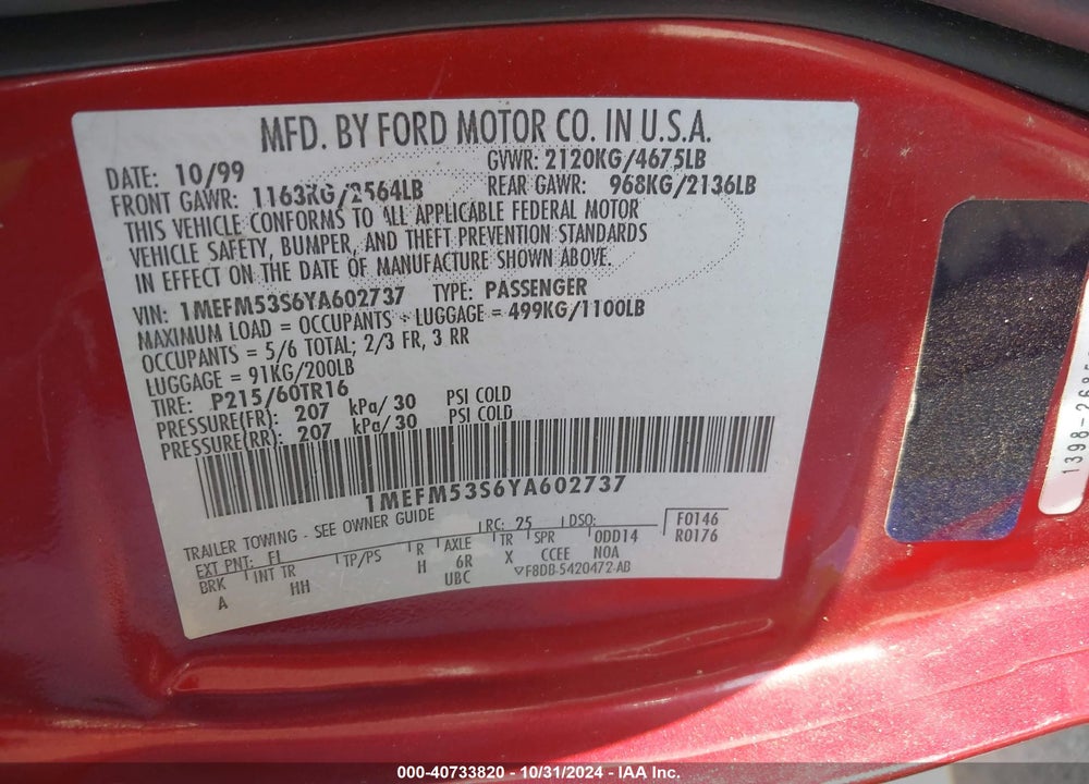 2000 MERCURY SABLE LS VIN: 1MEFM53S6YA602737