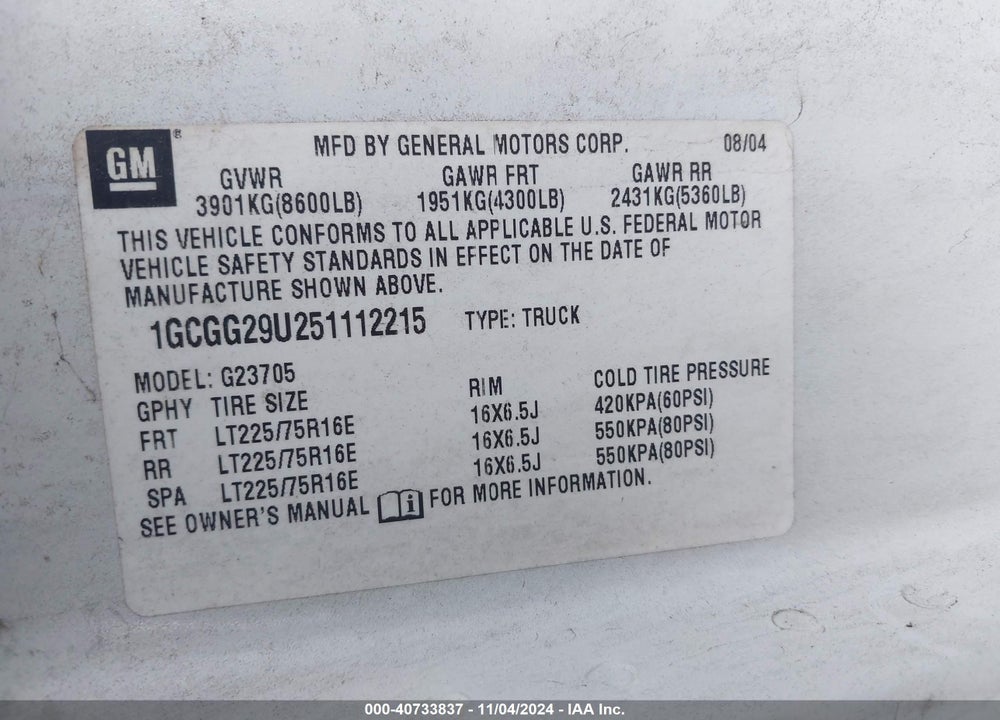 2005 CHEVROLET EXPRESS VIN: 1GCGG29U251112215