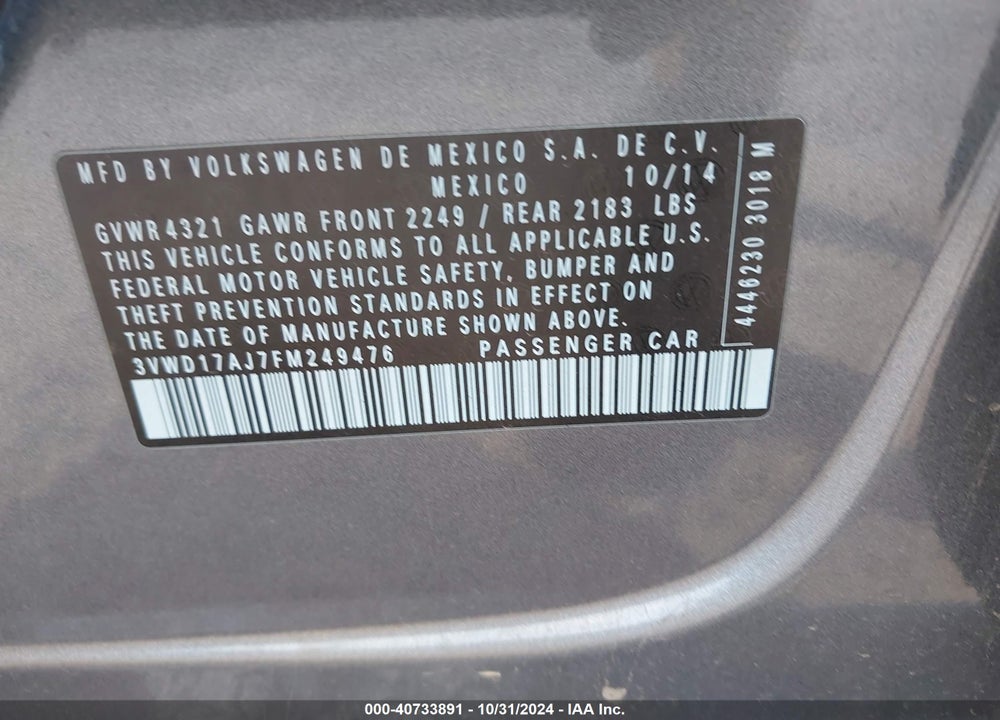 2015 VOLKSWAGEN JETTA 1.8T SE VIN: 3VWD17AJ7FM249476