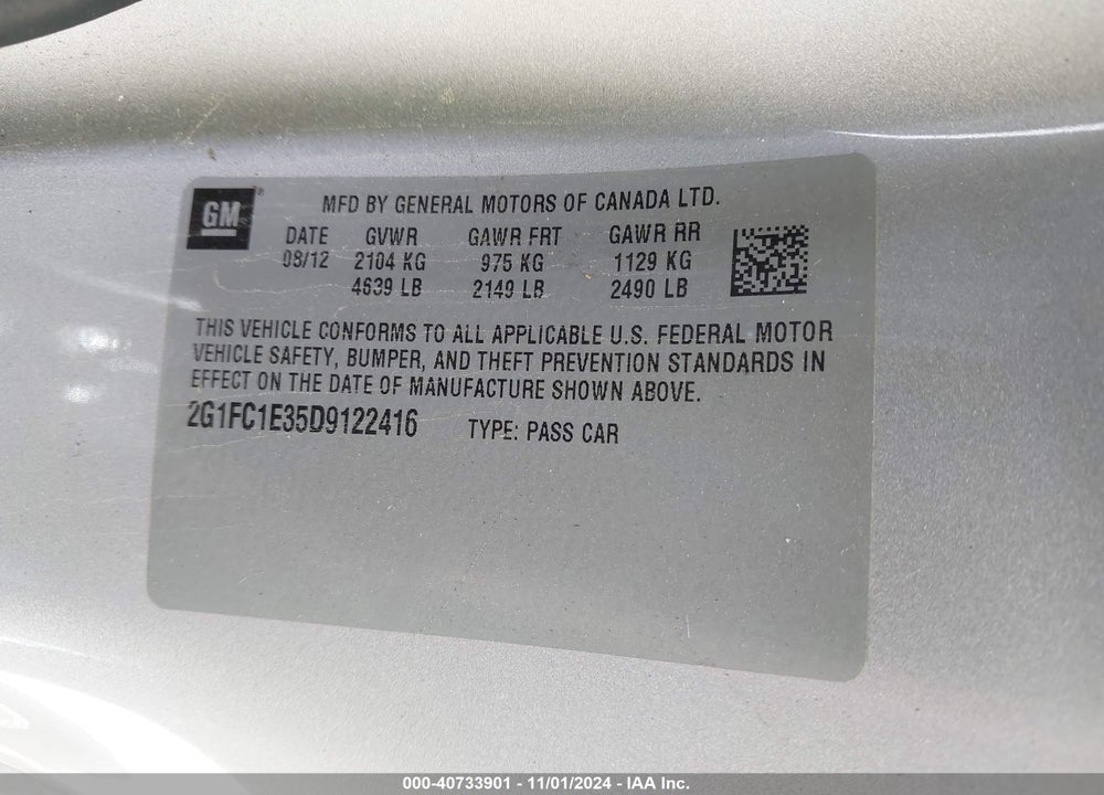 2013 CHEVROLET CAMARO VIN: 2G1FC1E35D9122416