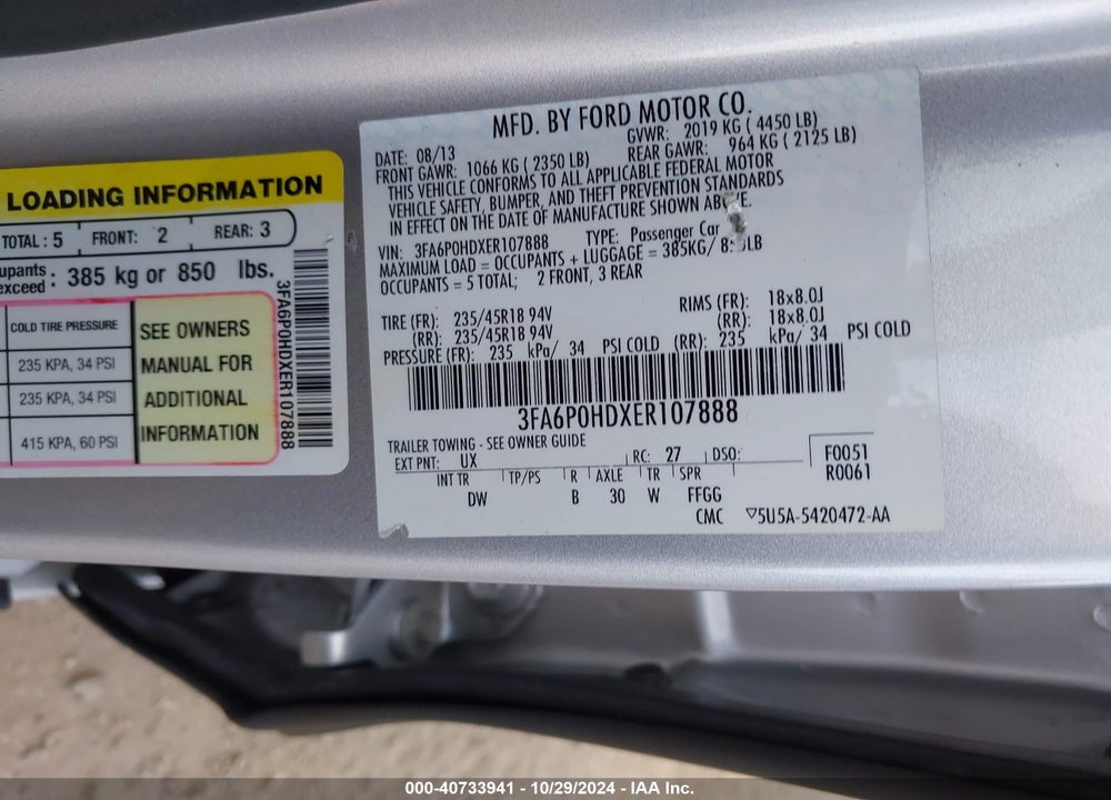 2014 FORD FUSION SE VIN: 3FA6P0HDXER107888