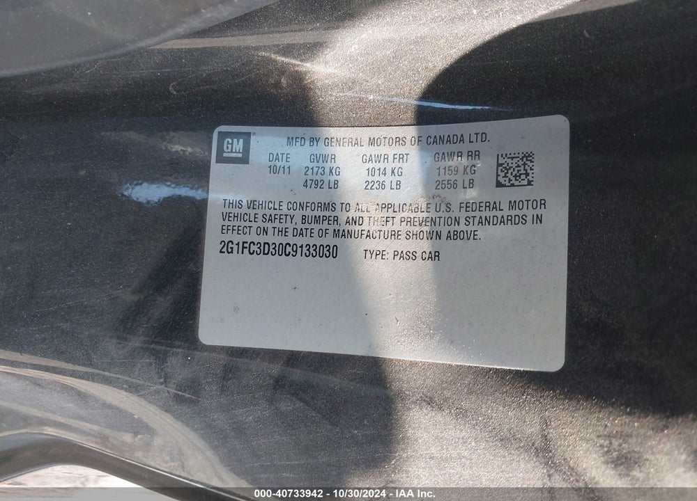 2012 CHEVROLET CAMARO 2LT VIN: 2G1FC3D30C9133030