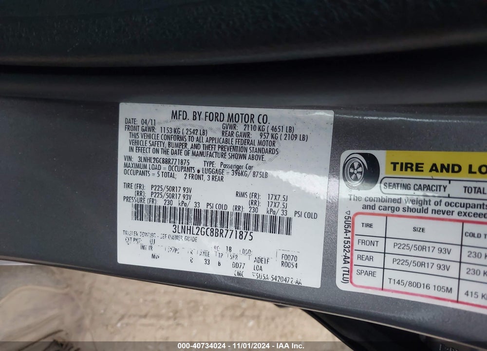 2011 LINCOLN MKZ VIN: 3LNHL2GC8BR771875