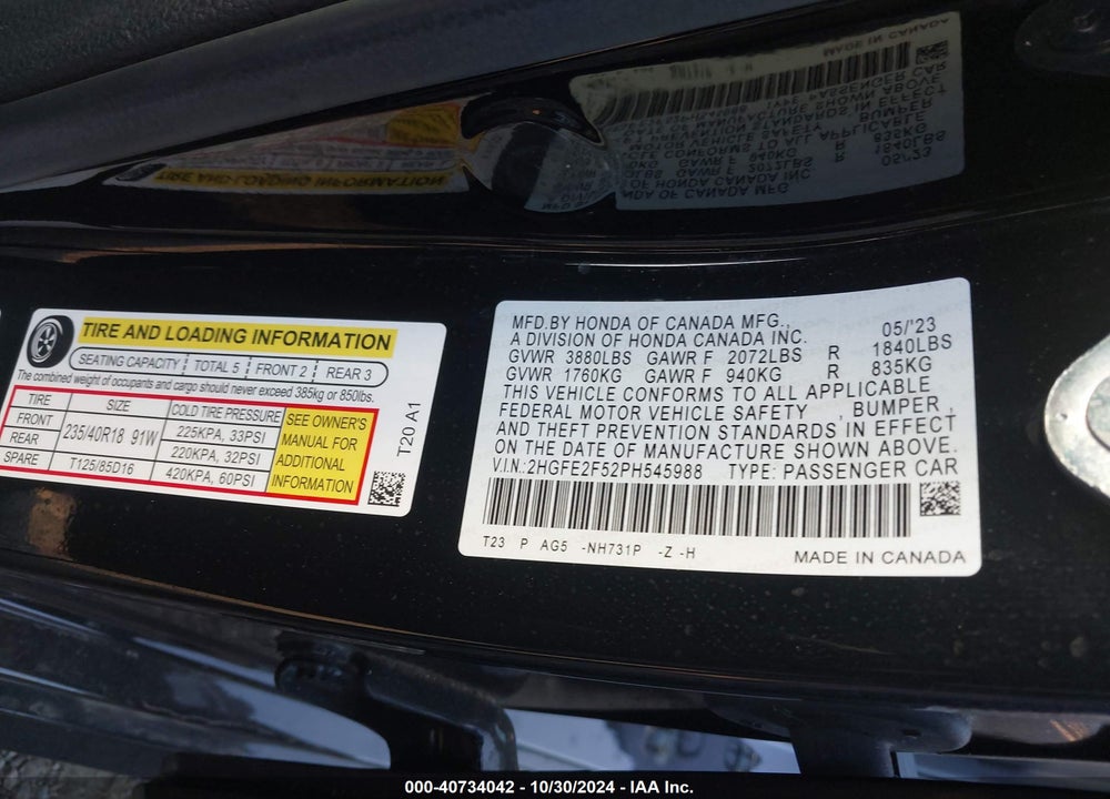 2023 HONDA CIVIC SPORT VIN: 2HGFE2F52PH545988