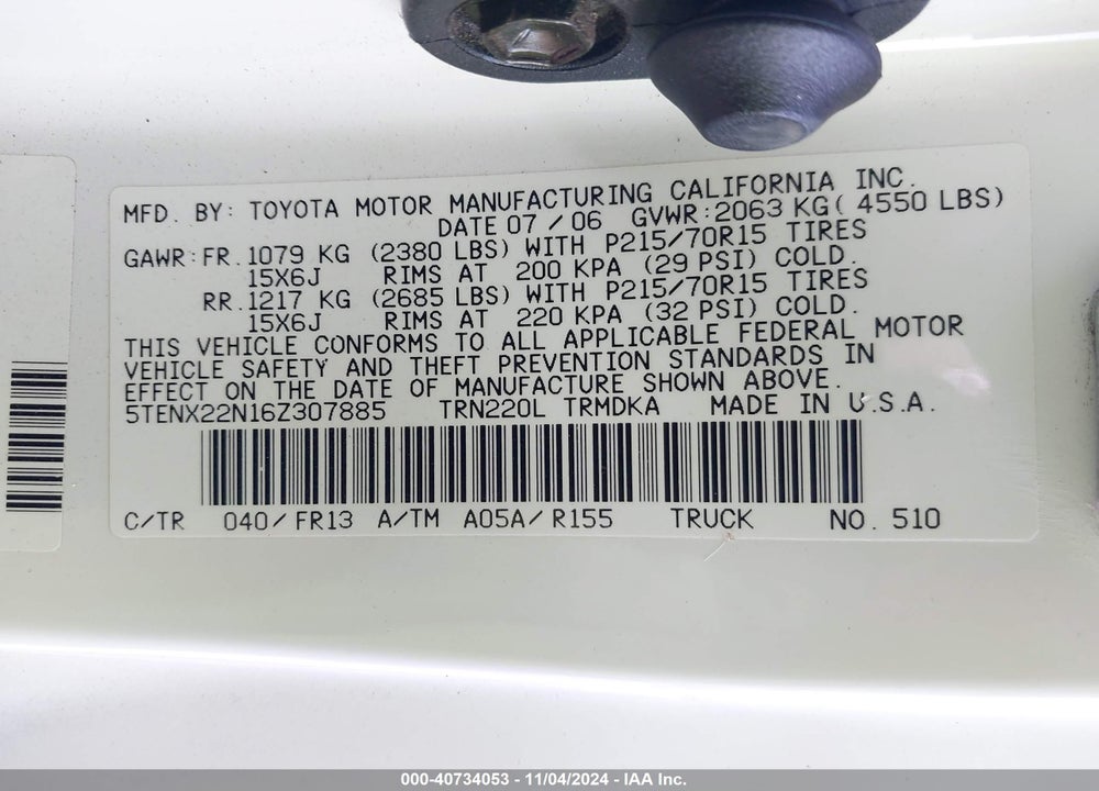 2006 TOYOTA TACOMA VIN: 5TENX22N16Z307885