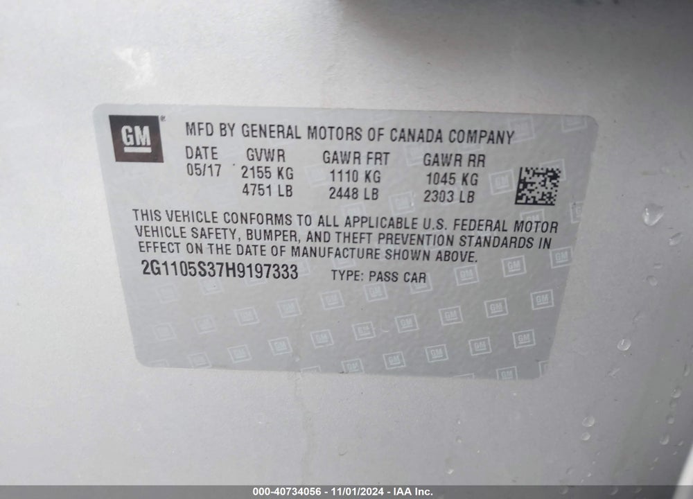2017 CHEVROLET IMPALA 1LT VIN: 2G1105S37H9197333