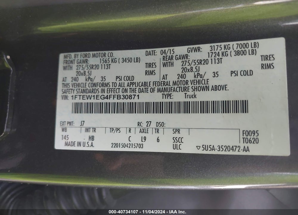 2015 FORD F-150 LARIAT VIN: 1FTEW1EG4FFB30871