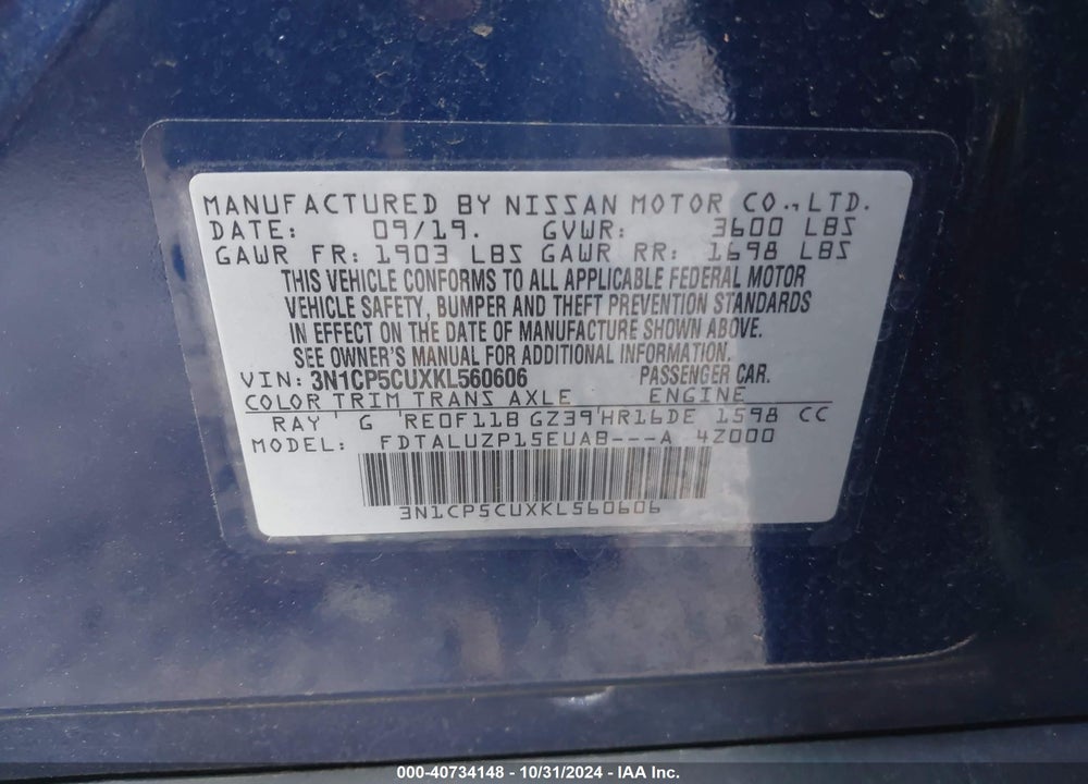 2019 NISSAN KICKS SR VIN: 3N1CP5CUXKL560606