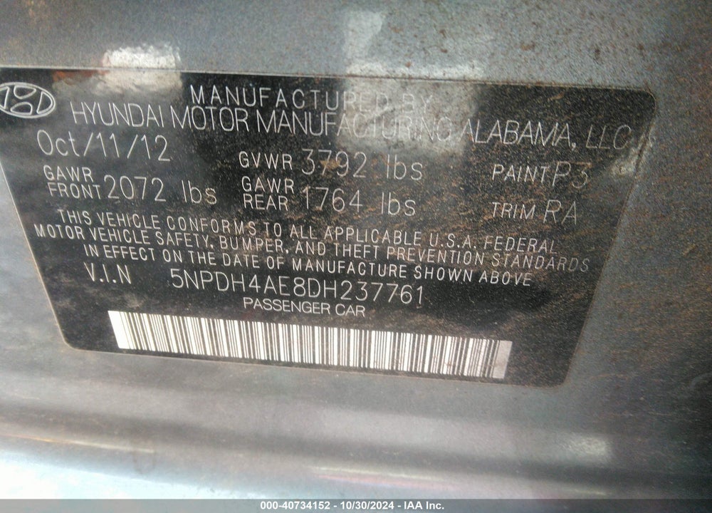 2013 HYUNDAI ELANTRA GLS VIN: 5NPDH4AE8DH237761