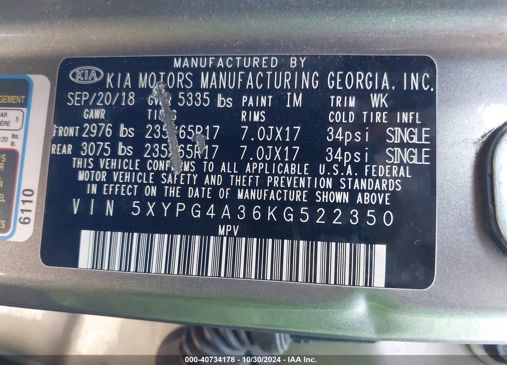 2019 KIA SORENTO 2.4L L VIN: 5XYPG4A36KG522350