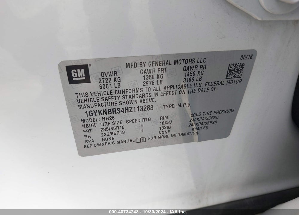 2017 CADILLAC XT5 LUXURY VIN: 1GYKNBRS4HZ113283