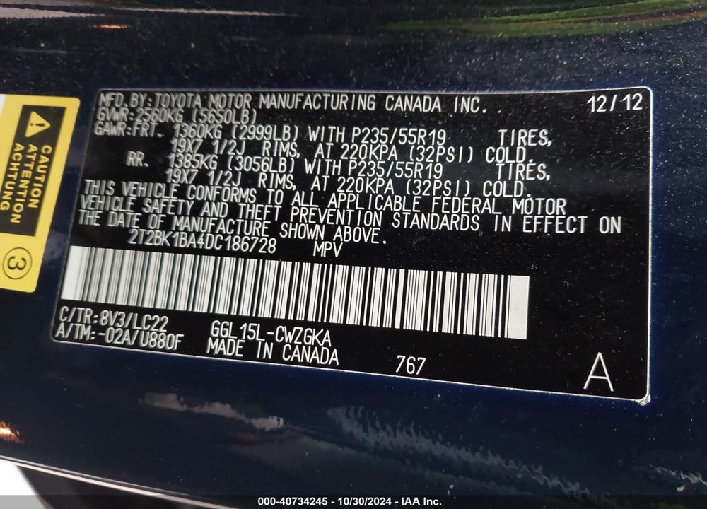 2013 LEXUS RX 350 F-SPORT VIN: 2T2BK1BA4DC186728