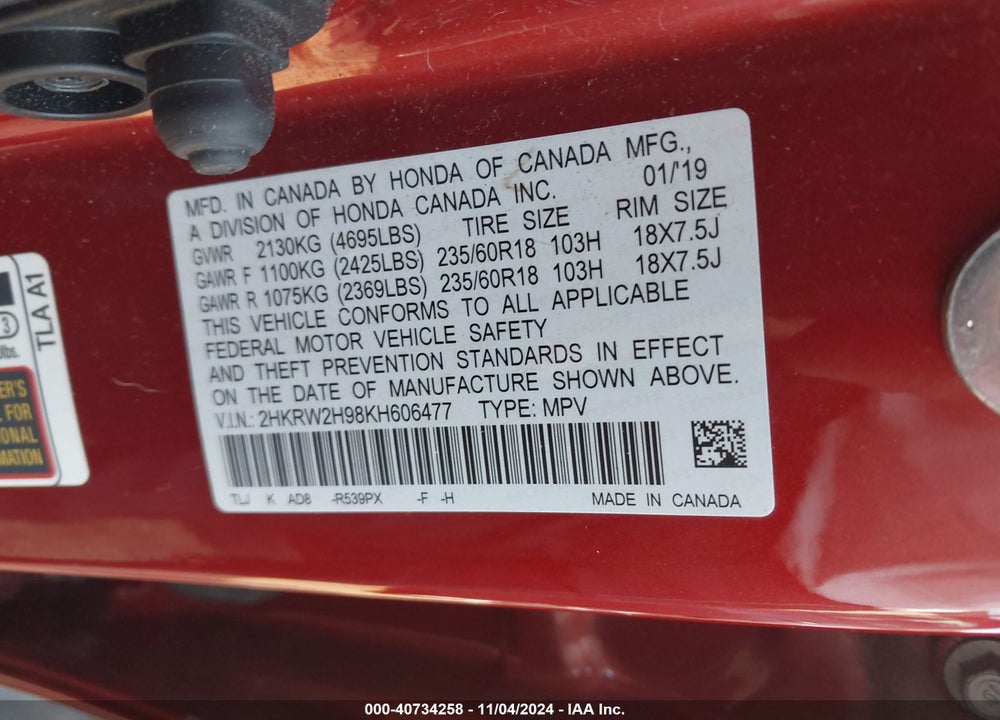 2019 HONDA CR-V TOURING VIN: 2HKRW2H98KH606477