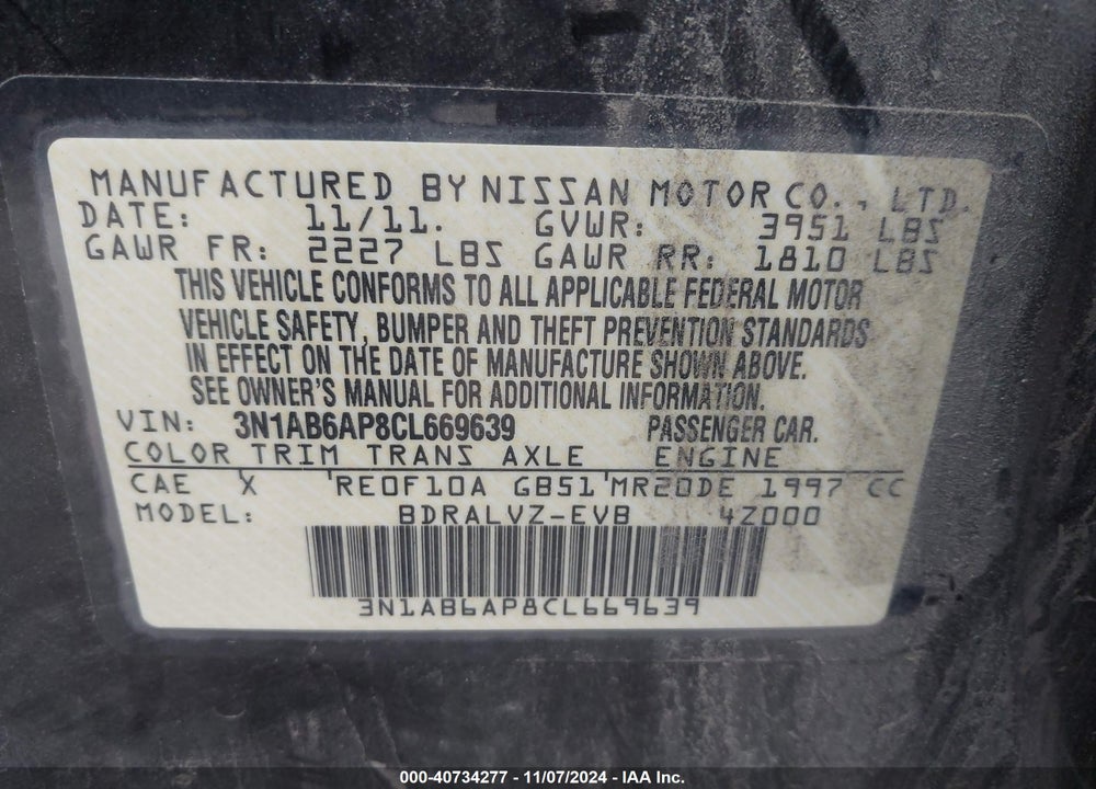 2012 NISSAN SENTRA 2.0 SL VIN: 3N1AB6AP8CL669639