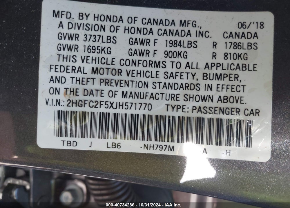 2018 HONDA CIVIC LX VIN: 2HGFC2F5XJH571770