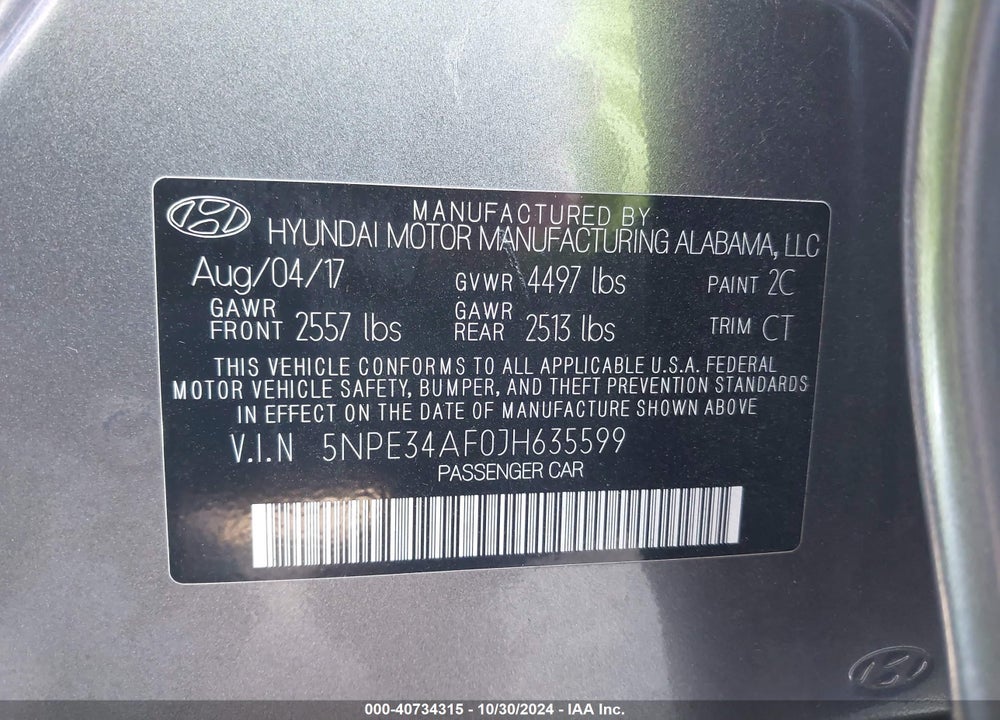 2018 HYUNDAI SONATA VIN: 5NPE34AF0JH635599